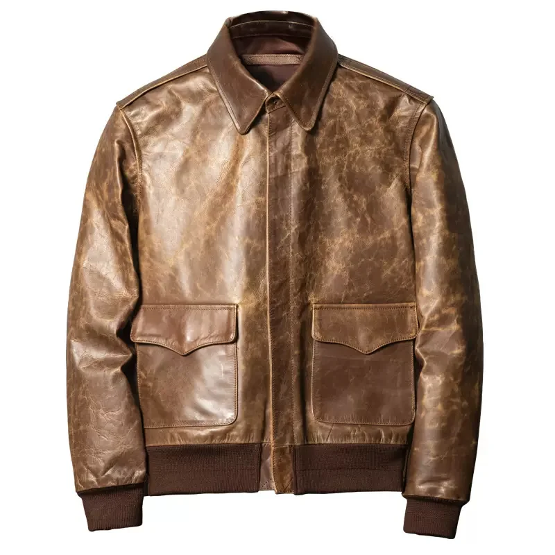 

Brown Autumn Pilot Leather Jacket Men Vintage Style Plus Size 5XL Genuine Natural Cowhide Military A2 Flight Leather Coat