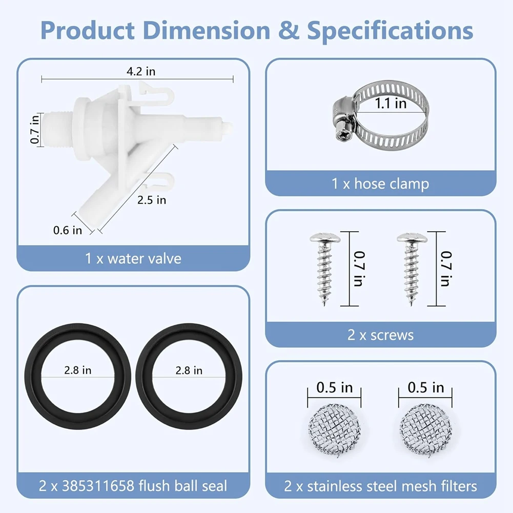 SSR 385311641 RV Toilet Water Valve Kit and 2 Pcs 385311658 Flush Ball Seal Replacement for 300 310 320 RV Toilets