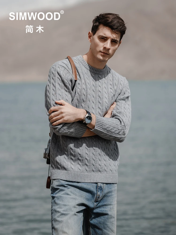 

SIMWOOD 2023 Autumn Winter New Cable-Knit Thick Sweater Men Vintage Warm Knitwear Classical Pullovers Knit Jumper