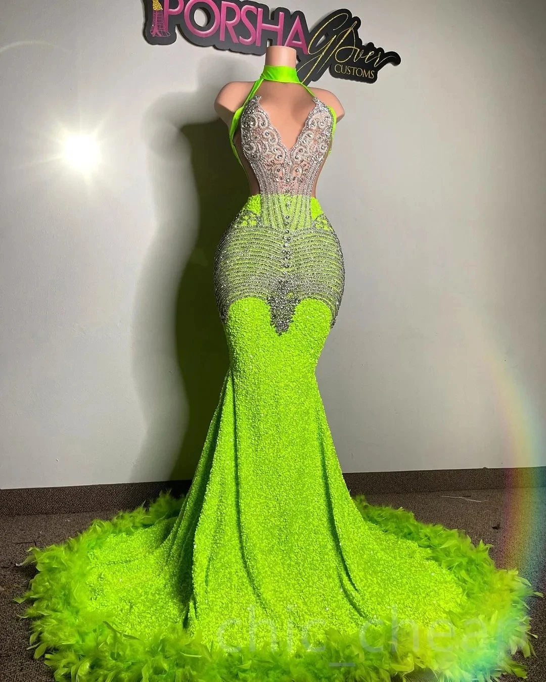 Lime Green African American Prom Dresses Mermaid V-neck Sequins Beaded Feather Black Girls Nigeria Evening Dresses Gown