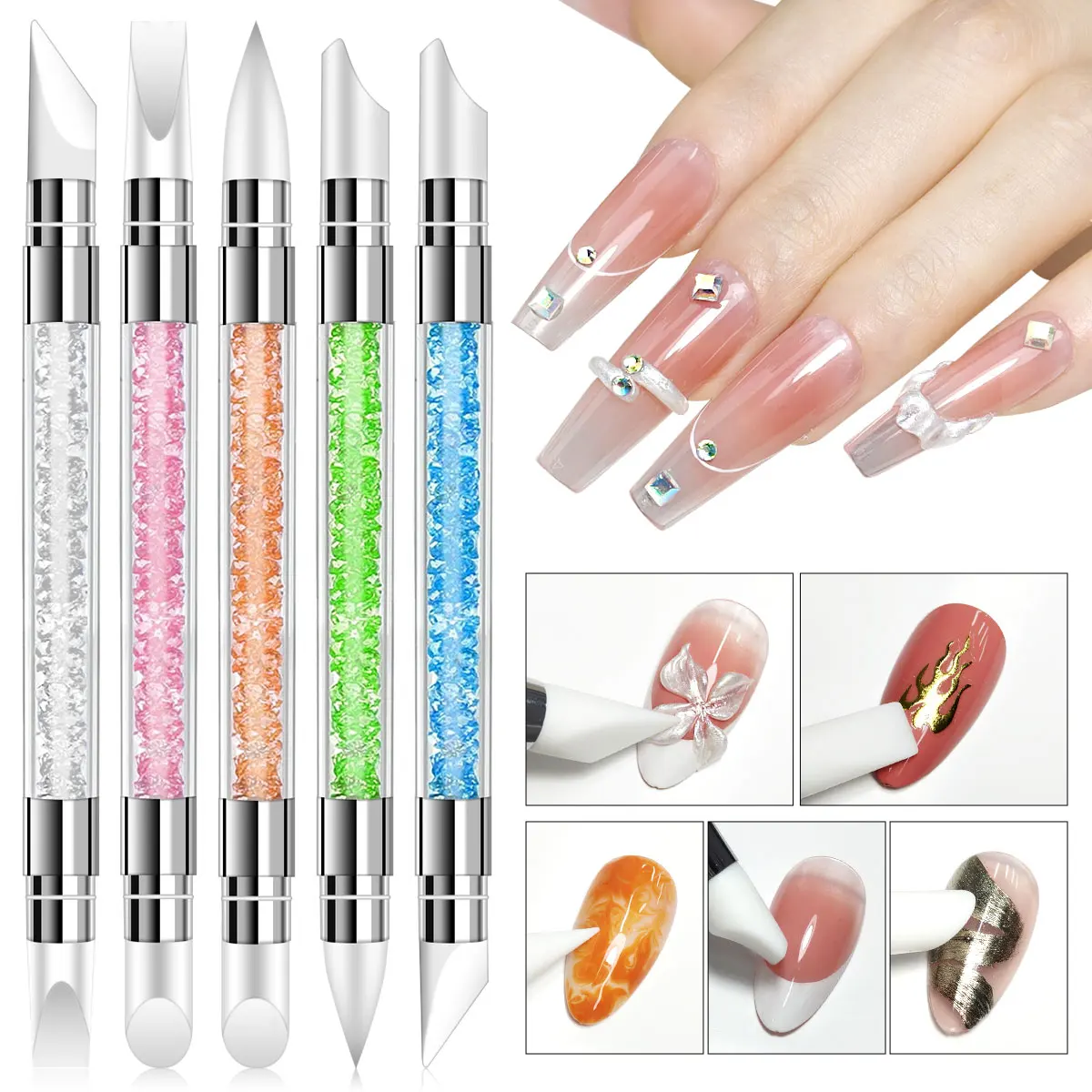 5 pezzi/set penna per scultura per nail art cristallo colorato a doppia testa in silicone per intaglio pennello per pittura floreale strumento per manicure fai da te