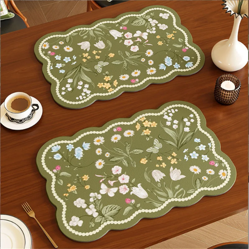 2PCS French Style Floral Leather Placemat 30x45CM Waterproof Oil Resistant Thermal Insulation Western Mat Home Use Hot Pad