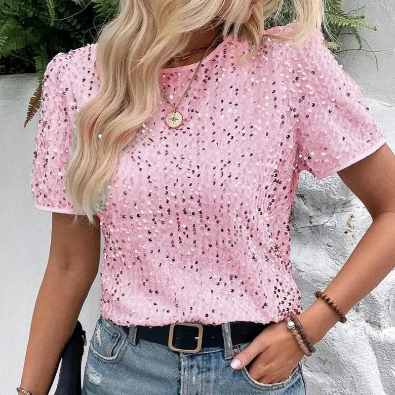 

Spring Fashion Sequin Top For Women Loose Casual Pullover Elegant Solid Round Neck Short Sleeve T-Shirt 2025 New Lady Tops