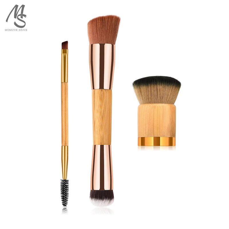 

3Pcs High Quality Makeup Brushes Set Eco Tools Foundation Contour Blush Blending Beauty Brushes Bamboo Handle Brown Gold Tone