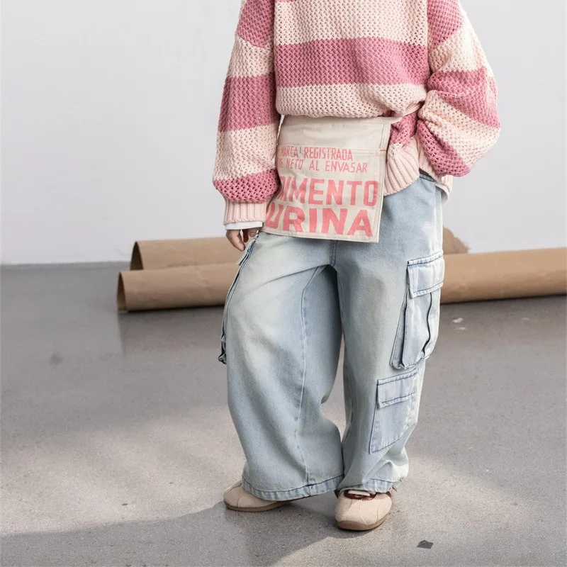 

2024 Korean Style Kids' Multi-pocket Work Pants for Boys with Baby Toddler Jeans