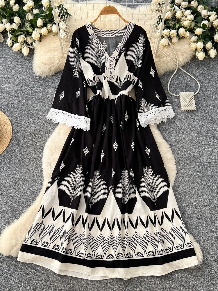 

Women Spring Summer Dress Bohemian Palace Floral Print V-neck Long Sleeve Bandage A-line Elegant Long Maxi Vestido Female DS367