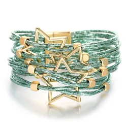 ALLYES Trendy Hollow Star Metal Beads bracciale in pelle multistrato Glitter Filled Slim Strips Wrap bracciali regali di gioielli femminili