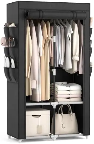 

VTRIN Portable Closet with 4 Shelves, 2 Rods & 6 Pockets – Black