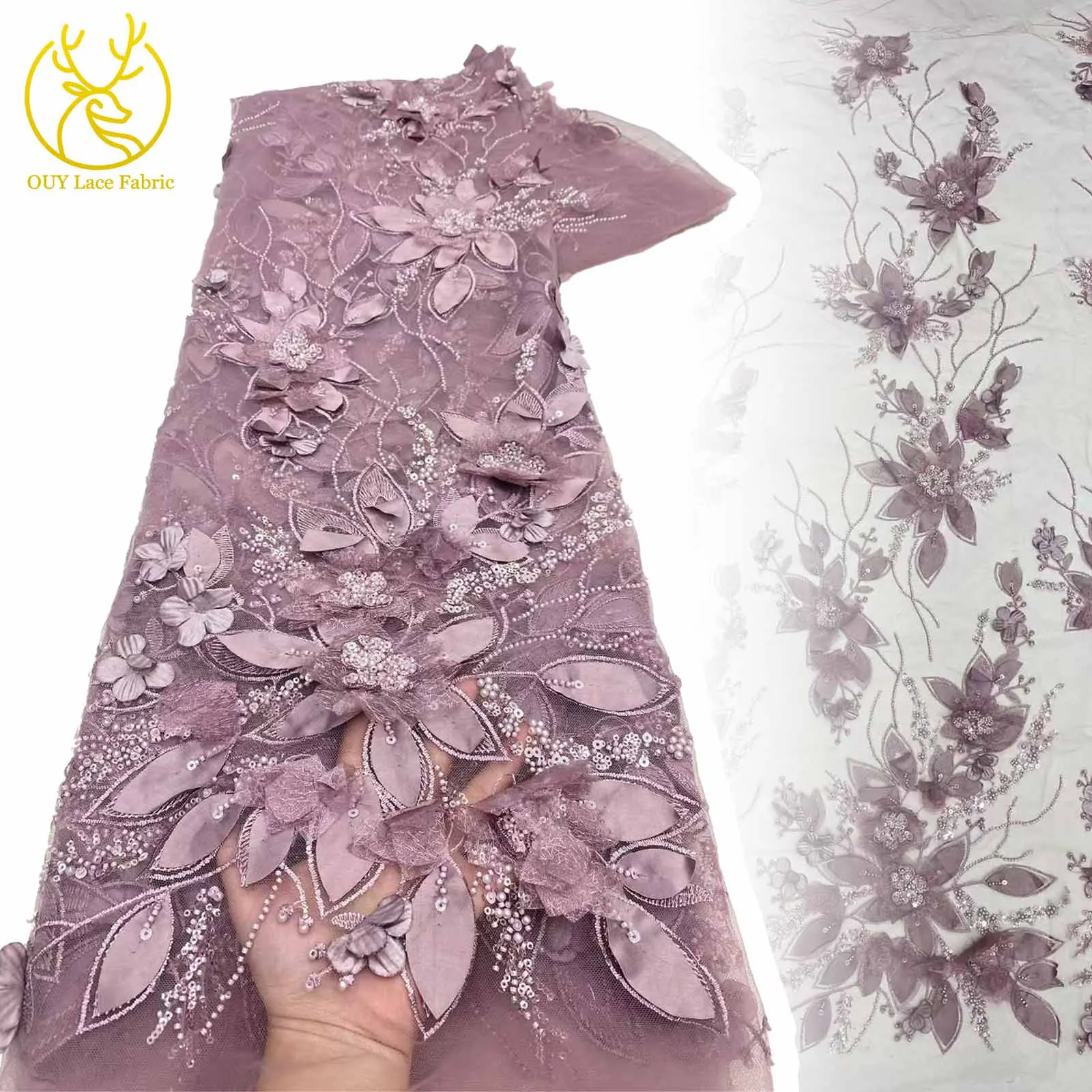 

Newest French 3D Groom Embroidered Flower Lace Fabric 5 Yards High Quality African Beaded Sequins Tulle Lace For Party Dresses
