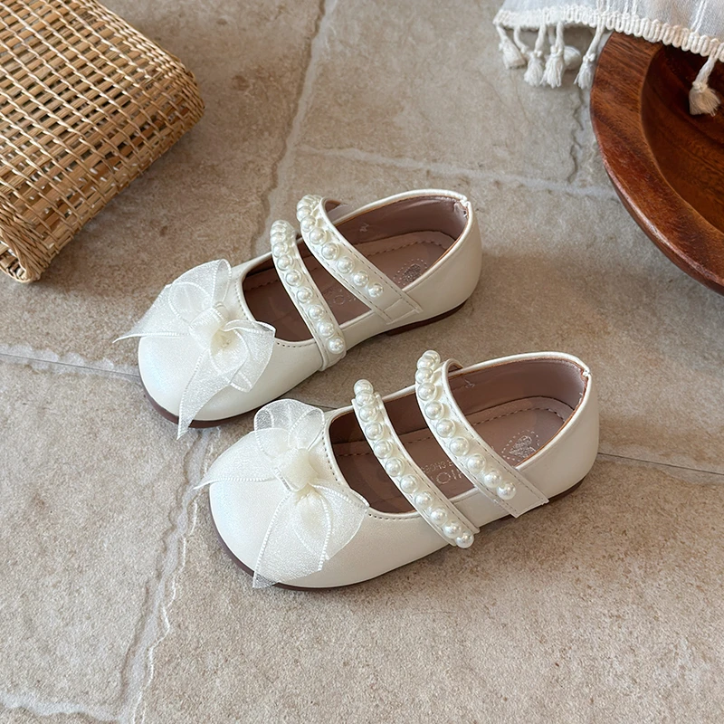 Mumoresip Little Girl Mary Jane Shoes Elegant Pearl Children Princess Flat Shoes Wedding Party Non-slip Kids Dress Leather Shoes