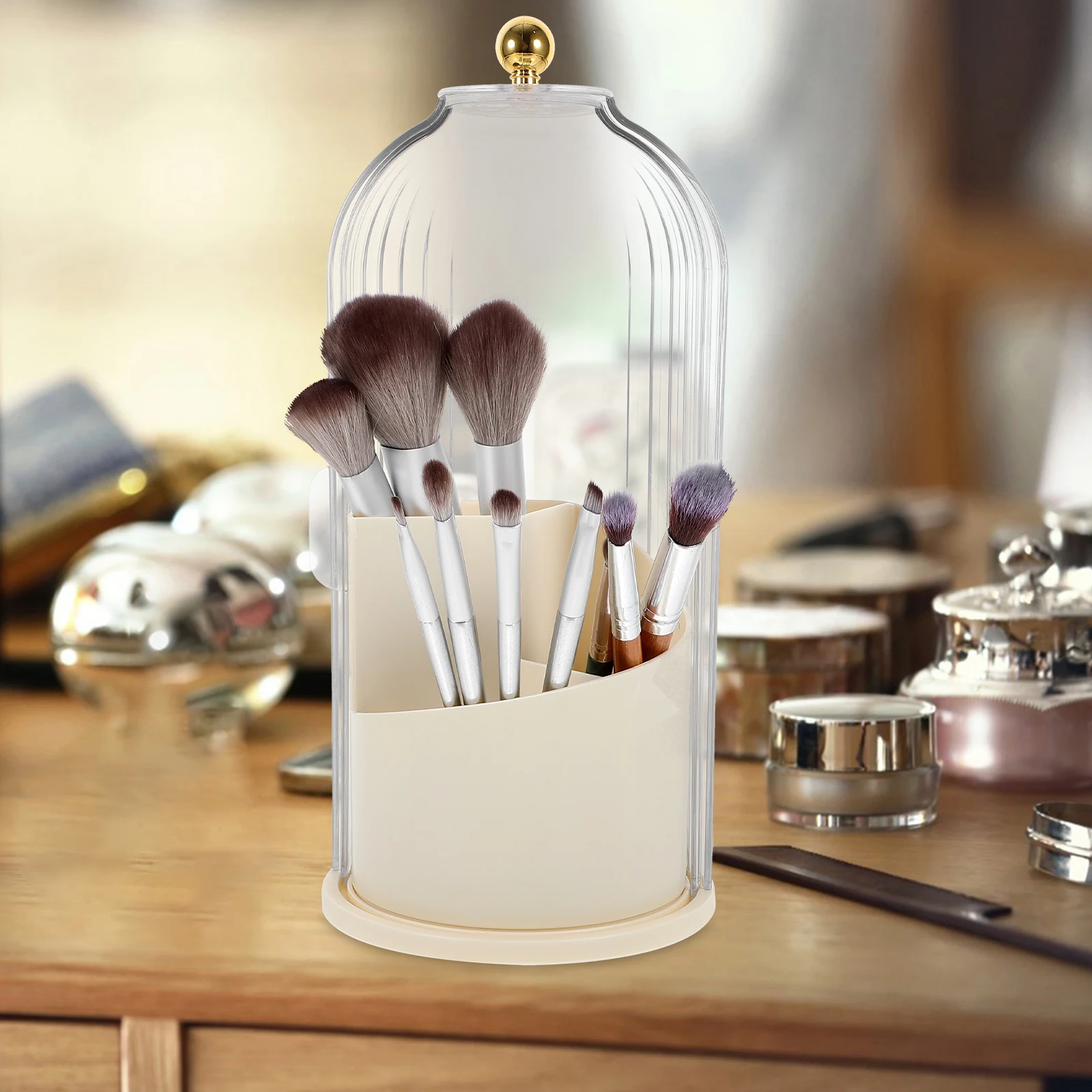 

Transparent Desktop Storage Box Makeup Brush ganizer Lid Rotatable Compartment Anti Dust Pens Holder Plastic