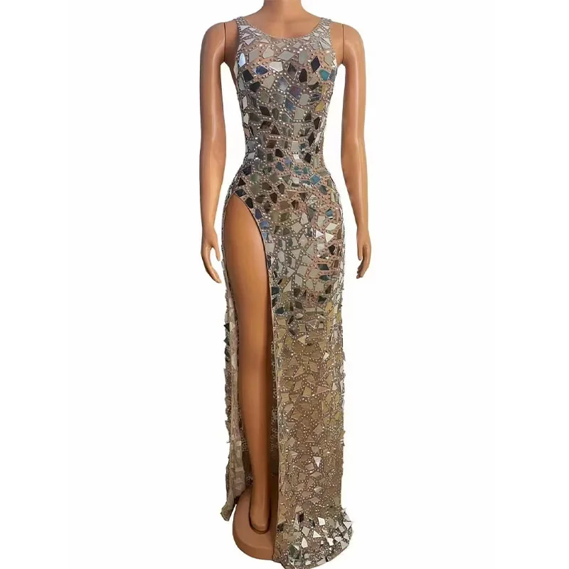 Women Sexy Sparkly Mirror Rhinestone Transparent Split Long Dress Evening Wedding Celebrate Costume Birthday Photography Dress