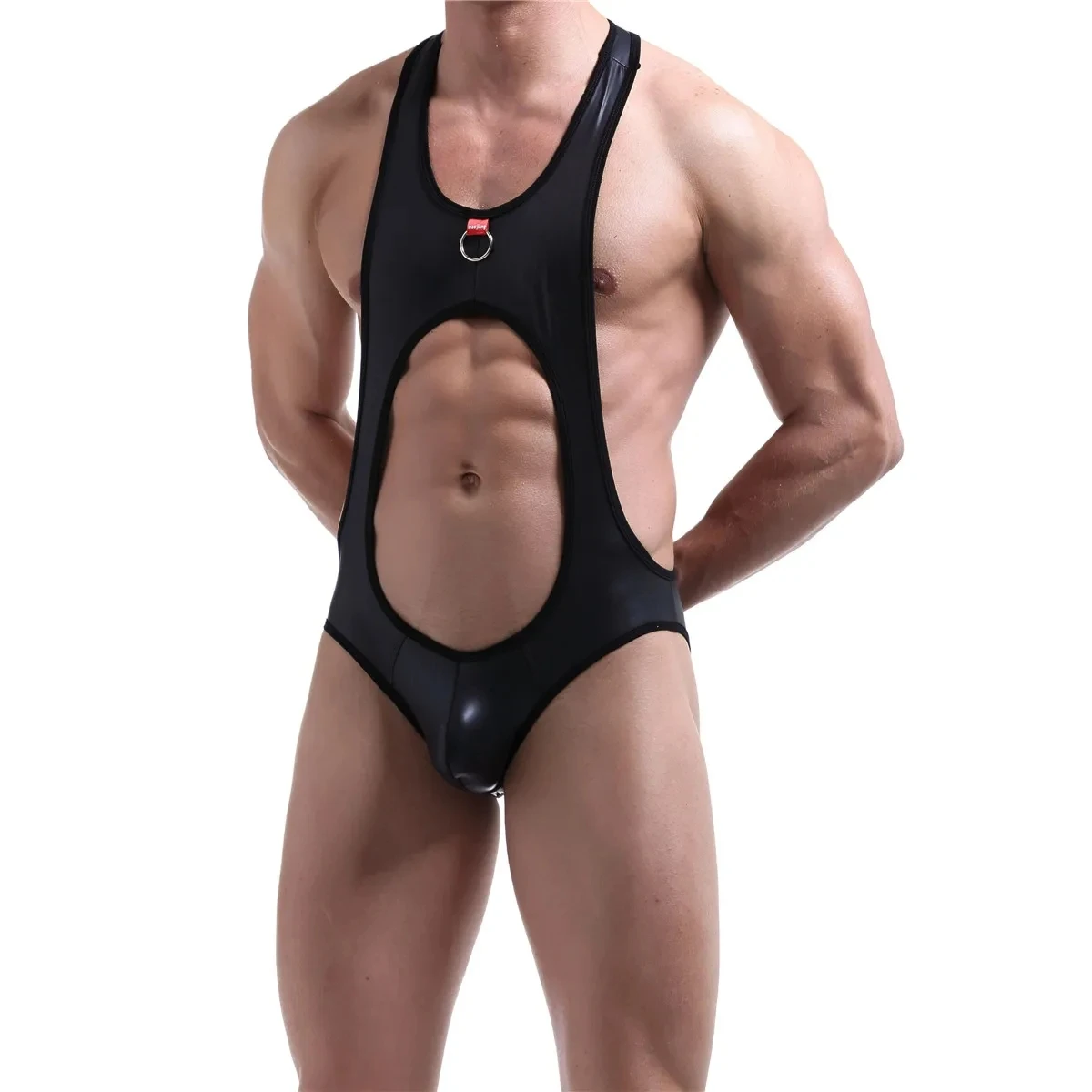 Mens Undershirts Lingerie Jock Strap PU Leather Open Back Bodysuits Gay Latex Catsuit One Piece Wrestling Singlets Jumpsuits