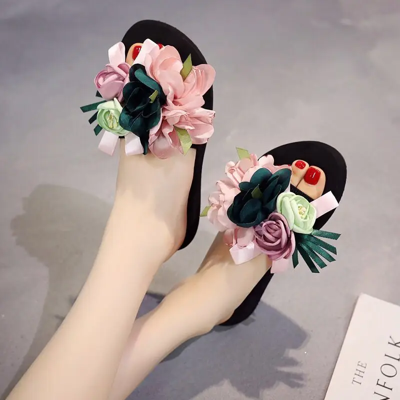 Flower Shoes Slippers Women Summer Pantofle Slides Fashion Med Shale Female Beach 2024 Soft Flat Luxury Sabot Rome Floral Scanda