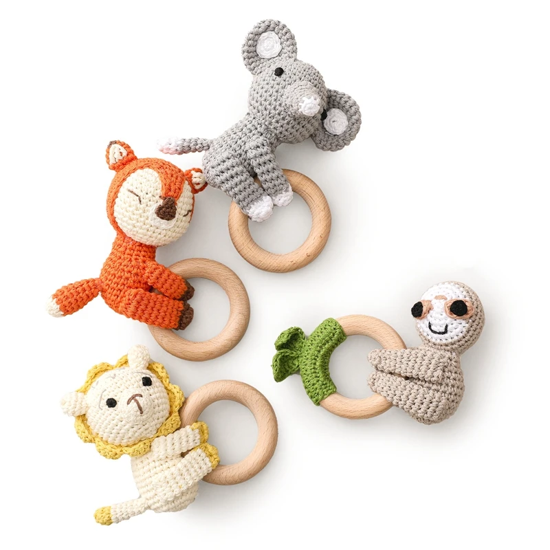 1Pc Wooden Baby Teether Crochet Beech Hoop Animal Rattle Toy BPA Free Ring Baby Mobile Gym Newborn Stroller Educational Toy Gift