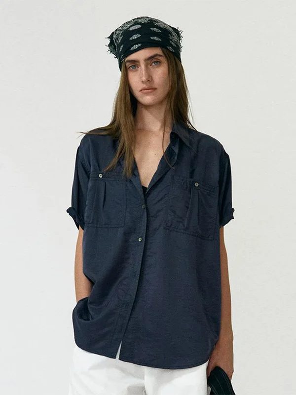 

Women's Short Sleeve Shirt Multi-Pocket Design Korean Style Small Size Workwear Open Cardigan Top Cotton Nylon Copper Ammonia...