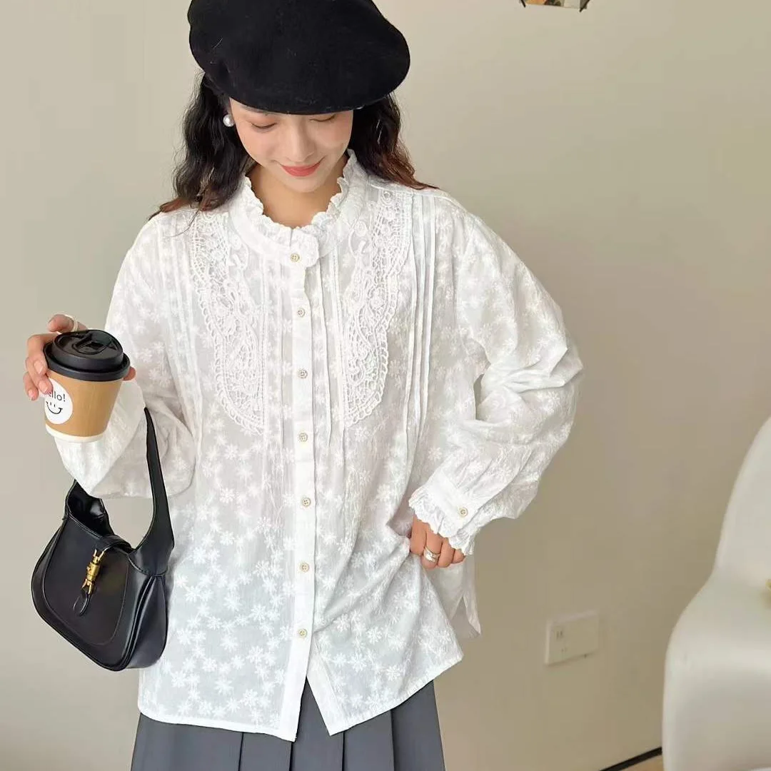 Japanese Sweet Mori Girl Lace Embroidery Cotton Shirts Women Spring Autumn Stand Collar Long Sleeve Casual Loose Blouse Tops