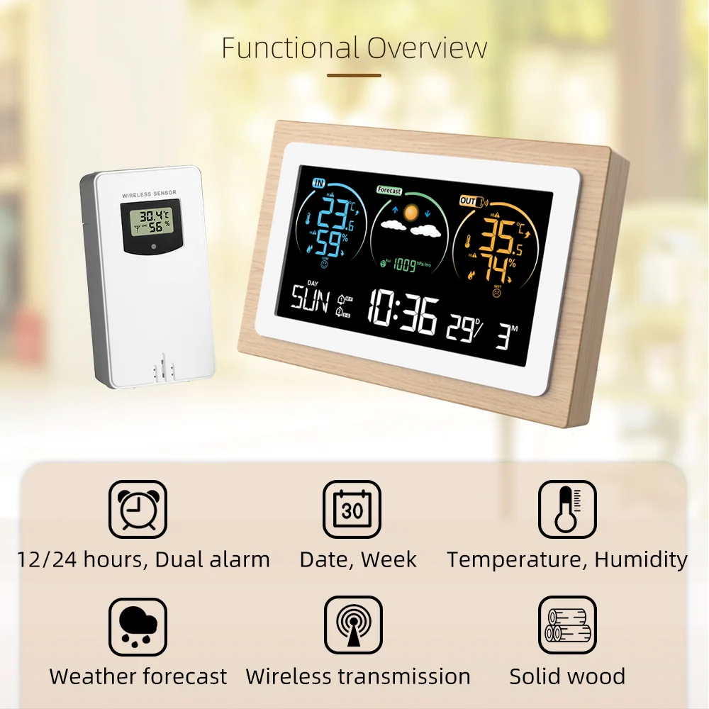 Wireless VA Color Weather Station In/Outdoor Digital Thermometer Hygrometer Wall Dual Alarm Clock Barometer Forecast Sensor -40