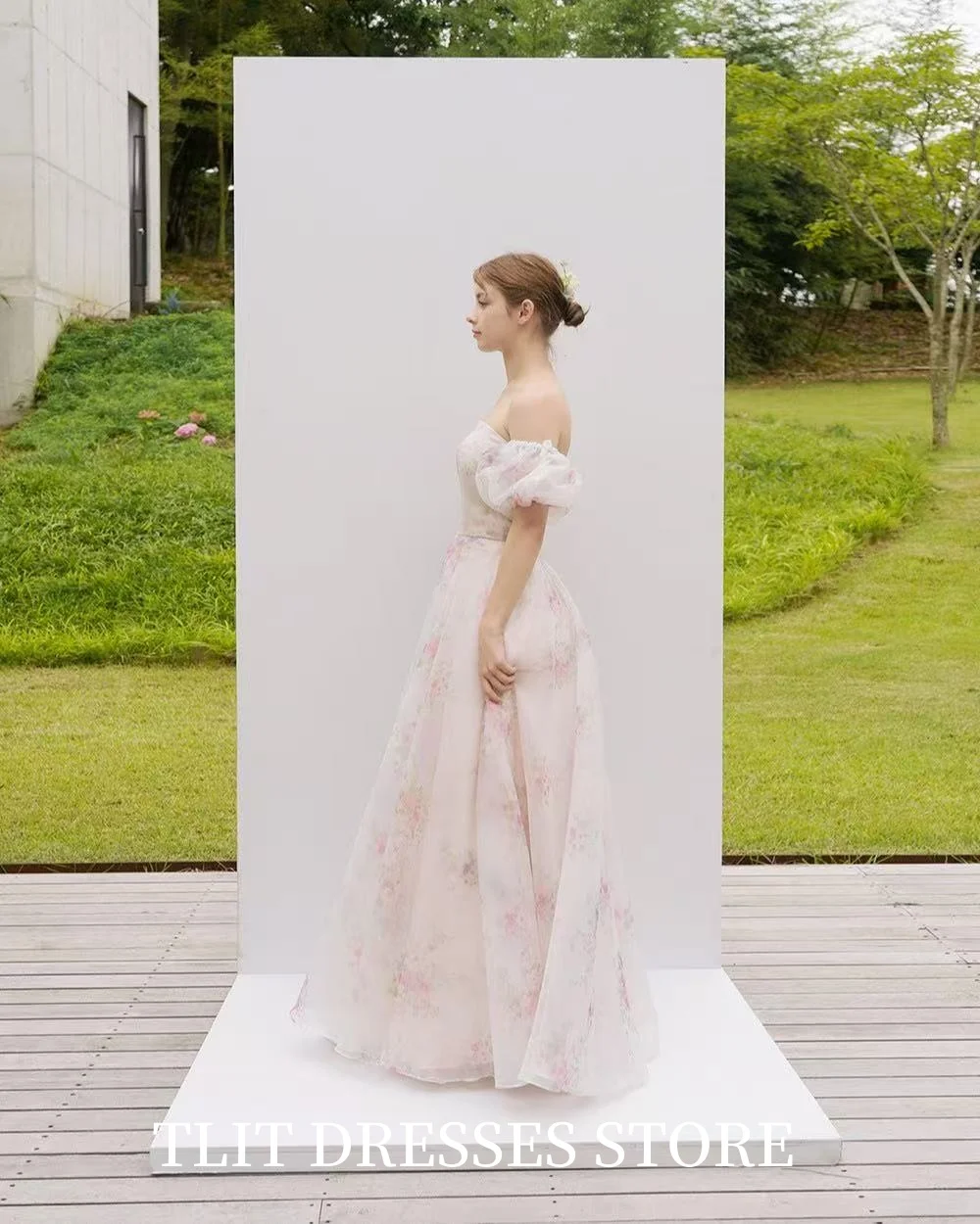 TLIT Lovely Printing Flowers Chiffon A-Line Evening Dress Strapless Off the Shoulder Prom Gowns Customized Vestidos de fiesta
