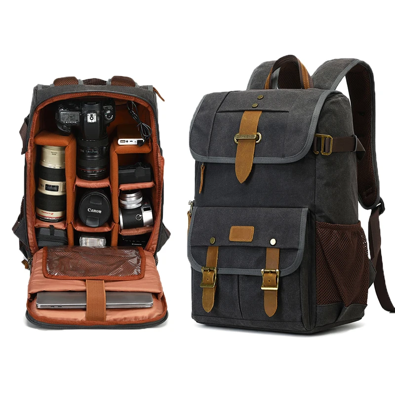 Waterproof retro batik canvas photography backpack with USB port for 17-inch laptop camera bag for DSLR UAV.