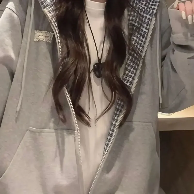 Women Zip Up Hoodie Plaid Lined Hood Patch Label Loose Casual Grey Sweatshirt Jacket