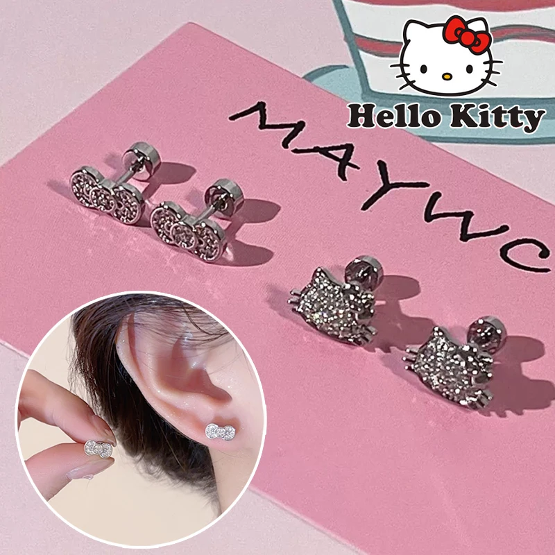 1 Pair Sanrio Hello Kitty Stud Earrings Cartoon Sweet Ear Jewelry S925 Silver Lady Tragus Cartilage Piercing Jewelry Accessories