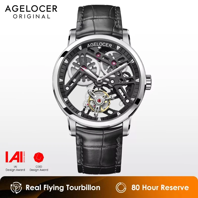 AGELOCER Men's Top Brand Tourbillon Double-Sided Hollow Hand-Operated Mechanical Leather Analog Fashion Luxury Dress Watch Reloj