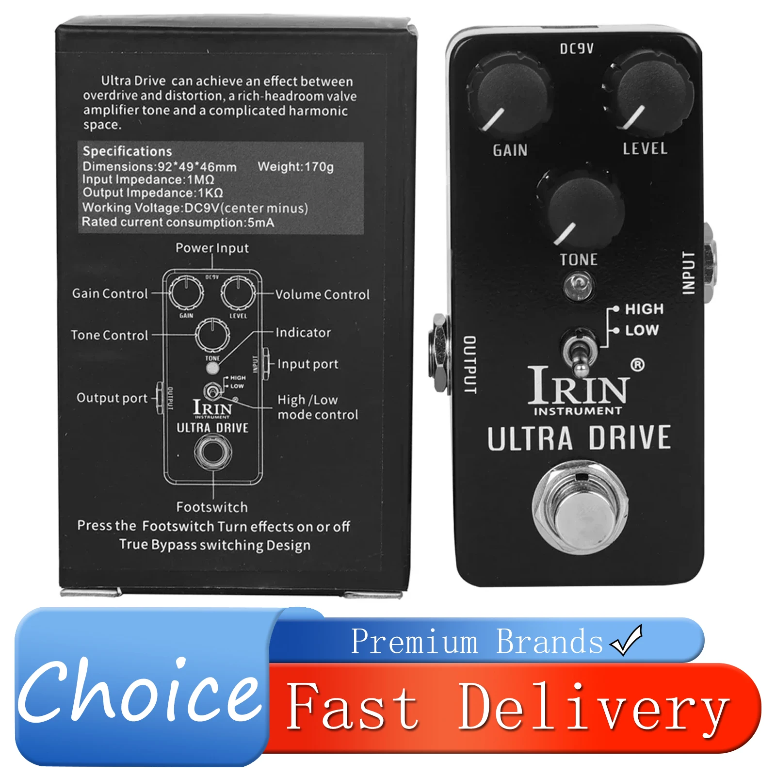 Pedal de Efeito para Guitarra IRIN Ultra Drive, Efeitos de Overdrive de Alto Ganho, Pedal Overdrive True Bypass RS-02, Acessórios para Guitarra Elétrica