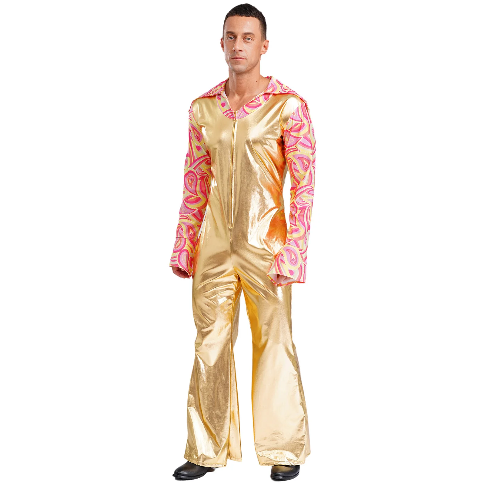 

Mens Hippie Rompers 70s Disco Jazz Samba Cha Cha Dance Costume Flare Long Sleeve with Split Cuffs Bell Bottom Pants Jumpsuit