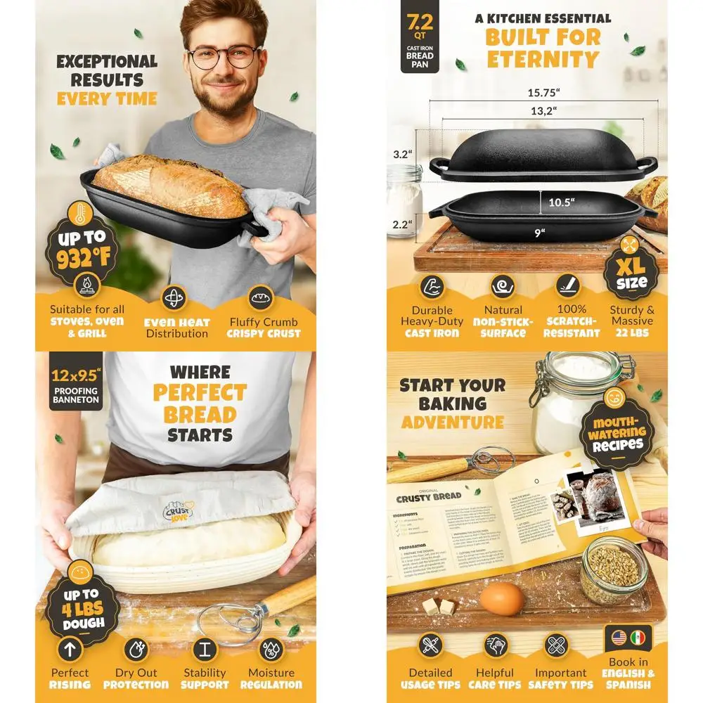 

Lidded Cast Iron Bread Pan with Sourdough Baking Kit - 7.2 Quart Dutch Oven, Banneton, Scoring Lame