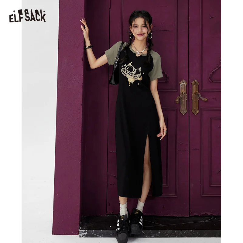 

ELFSACK Raglan Sleeve Midi Dress for Women, Sweet Cool Tee Dress with Devil Heart Print & Side Slit, Casual Y2K Summer Dress