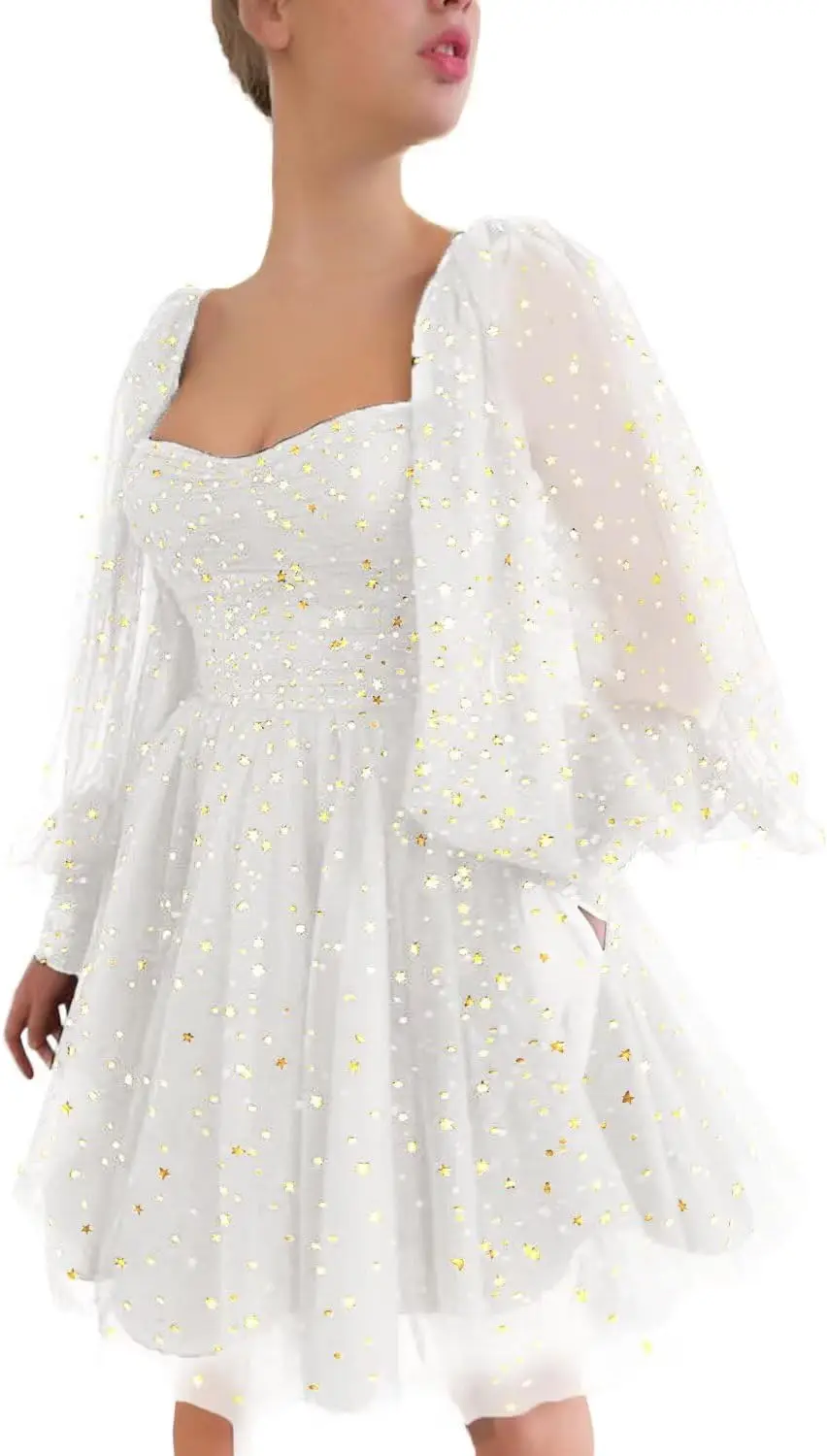Vestido de baile de tule estrelado brilhante para adolescentes vestido de baile de manga bufante vestidos de noite formais com bolsos