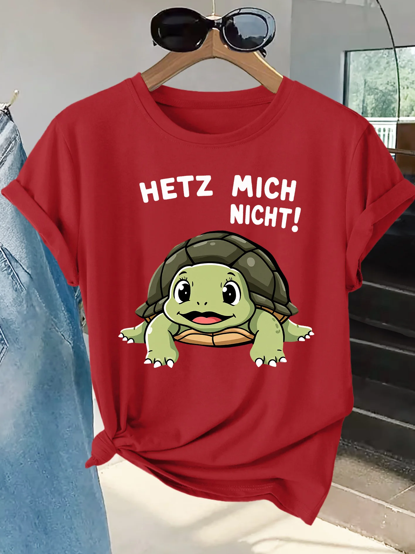 Ladies' Short T-shirt Cute Turtle Slow Life Fun German Print Skin Friendly Breathable Round Neck Top Commuting Multiple Scenes