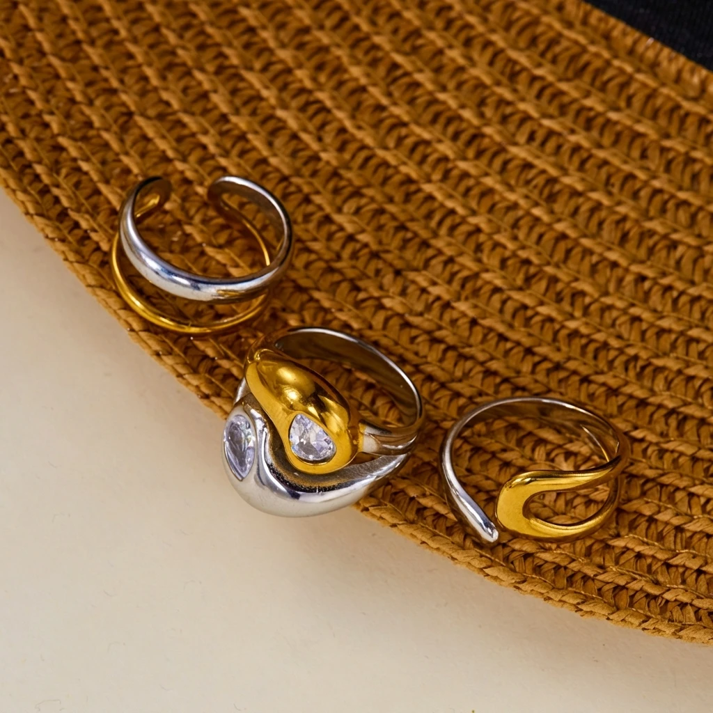 Edelstahl Zweifarbiger Ring für Frauen Trendiger Parallel-Doppellinien-Ring mit Unregelmäßiger Geometrie Stapelbarer Ring Wasserfester Alltagsschmuck – Detail 6
