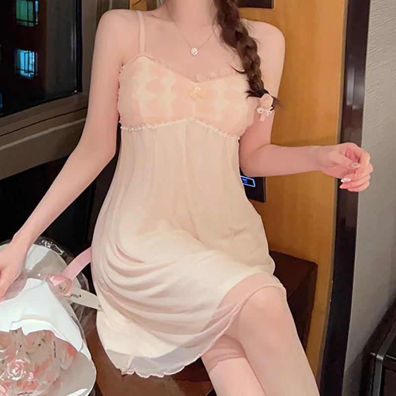 Sexy Vintage Summer Sweet Girls Sleepwear Strap Robe Pajama Set Sleeping Skirt Chest Mat Women Outerwear Home Clothes 4