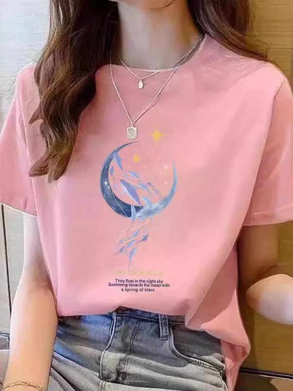 Pure Cotton Short Sleeve T-Shirt Women's Casual Loose Fit Printed round Neck Top for Summer Comfortable Breathable Fashion