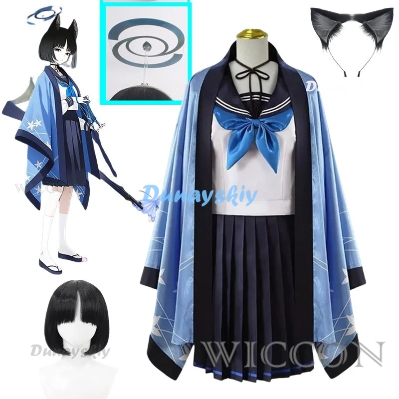 

Game Blue Archive Kikyo Cosplay Costume Kikyo Wig Ear Headwear Halo Blue Sailor School Uniform Cloak Shawl Woman Halloween Suit