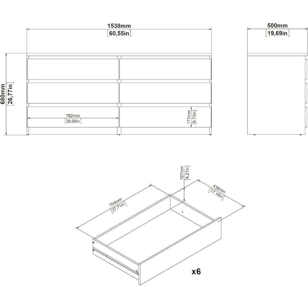 Commode double à 6 tiroirs, grain de bois noir