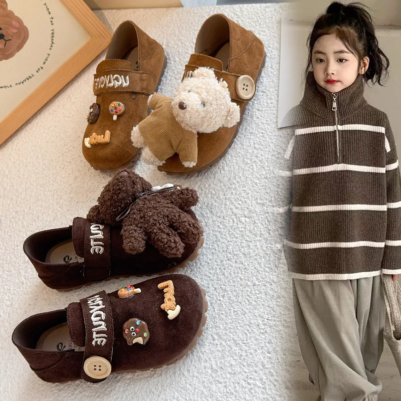 2026 New Spring Autumn Kids Girls Letters Casual Sneakers Bear Ornament Shoes Flat Sneakers Casual Running Sneakers