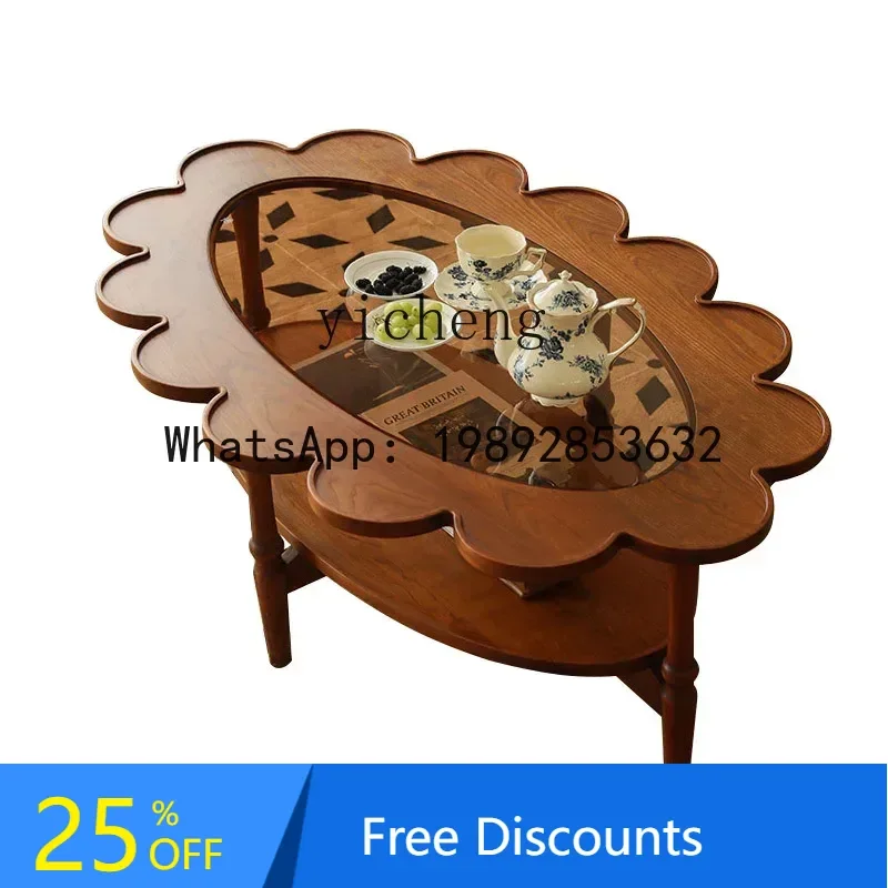 Huayang coffee table retro cherry wood small apartment medieval oval glass flower edge table