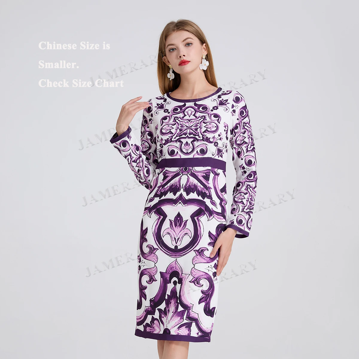 

Summer Purple Porcelain Floral Long Sleeve Midi Dress Women Autumn Pencil Party Dresses Lady Vintage Retro Knee Length Vestidos