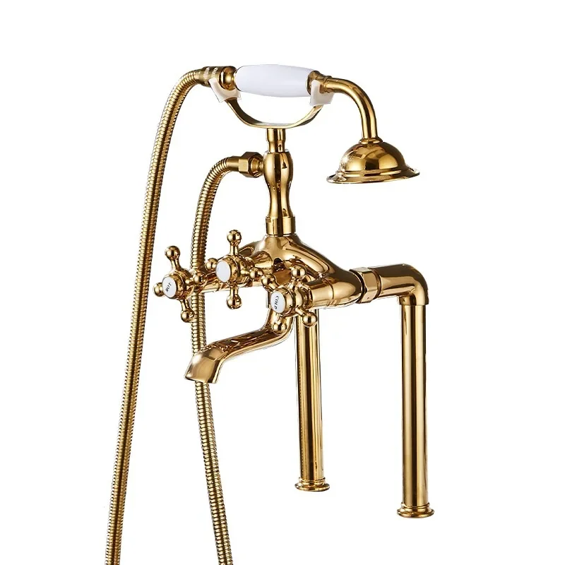 Imperial Concubine Antique Brass Cylinder Edge Bathtub Faucet Set with Vertical Shower Head Hot & Cold Mixing Extended Spout