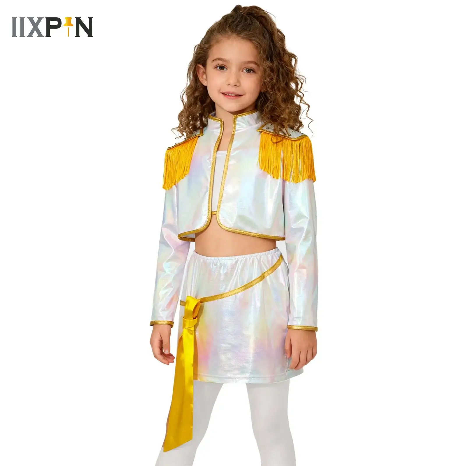 

Big Girls Hunter Singer Role Play Outfit Halloween Party Costume Metallic Sleeveless Top with Jacket Belt Waist Chain Shorts