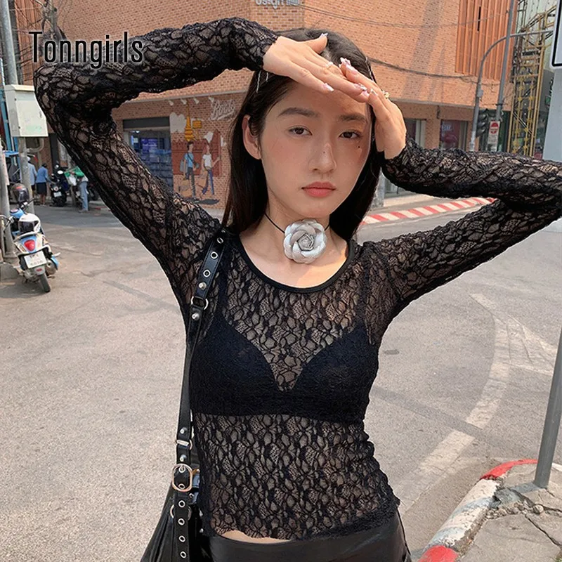 Tonngirls Vintage Lace T Shirt Women See Through Fairycore Tee Tops Korean Style Streetwear White Tshirts Summer Beach Wear Tops