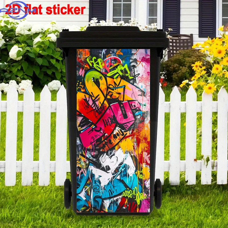 Colorful Graffiti Trash Can Sticker, Street Art Style Self-Adhesive Art Stickers, Urban Design Trash Can Decal Vibrant Abstrac