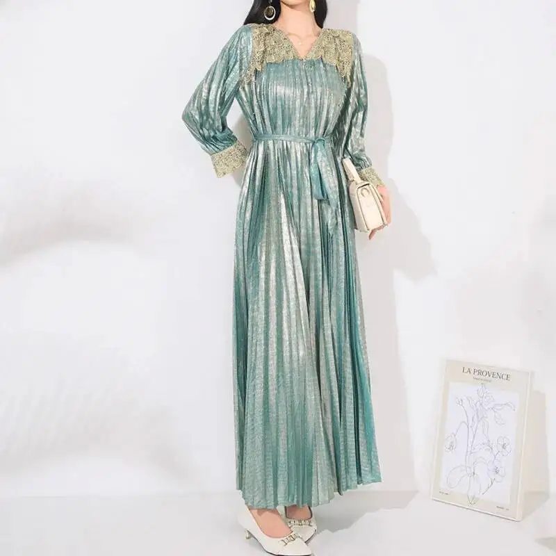 HKSH ربيع الخريف جديد المرأة فستان الخامس الرقبة طويلة الأكمام حزام الدانتيل مطرز تقسم مطوي أنيقة موضة Ins فساتين الحفلات HK13176