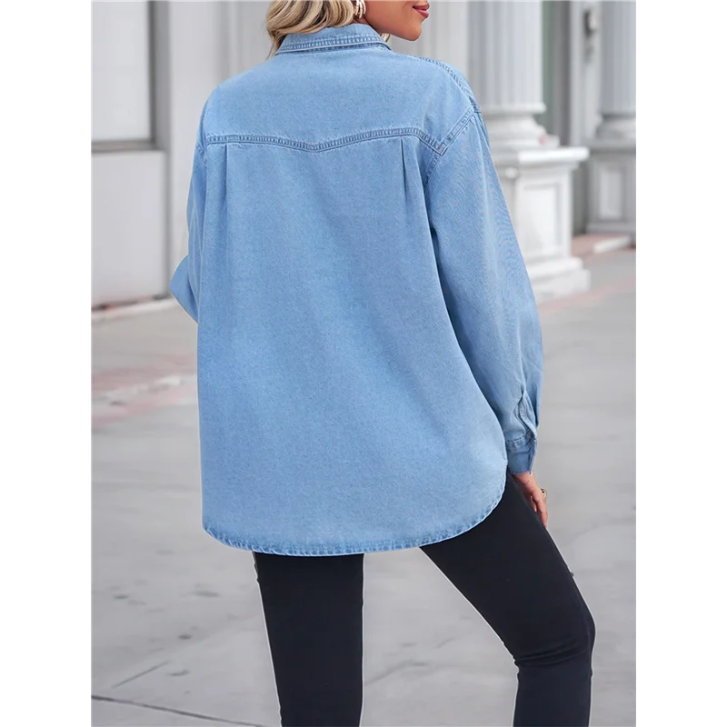 ABP-Women Button Down Denim Shirts Casual Long Sleeve V Neck Chambray Blouse Top