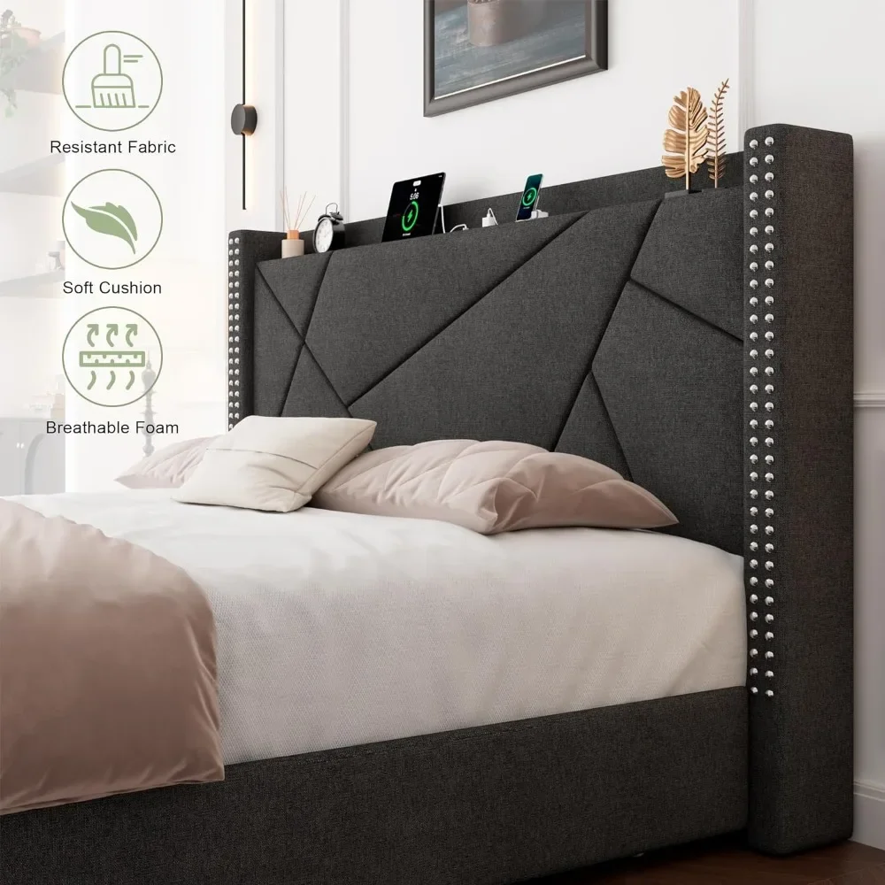 Queen Bed Frame with 4 Storage Drawers, Upholstered Platform Bed Frame with Charging Station & Wingback Shelf, LM