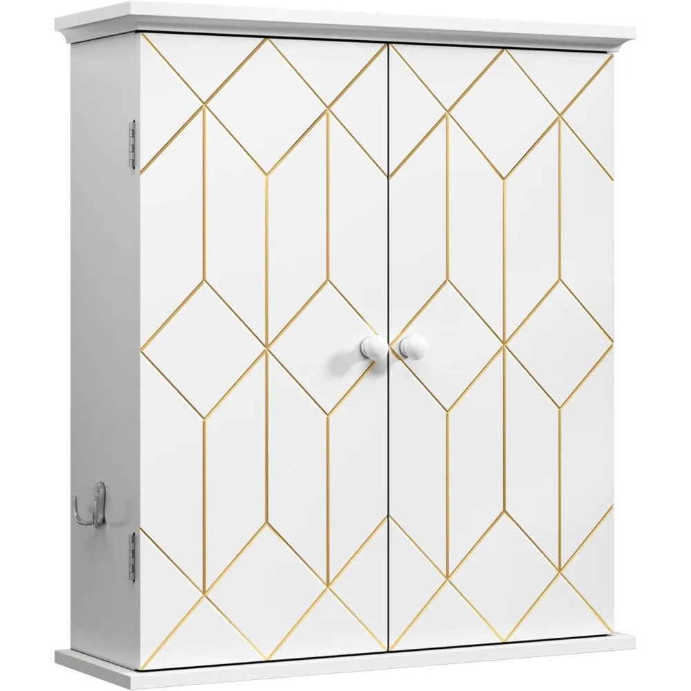 

Gold-Trimmed Wall-Mounted Bathroom Cabinet with Adjustable Shelves and Side Hooks for Space-Saving Medication Storage