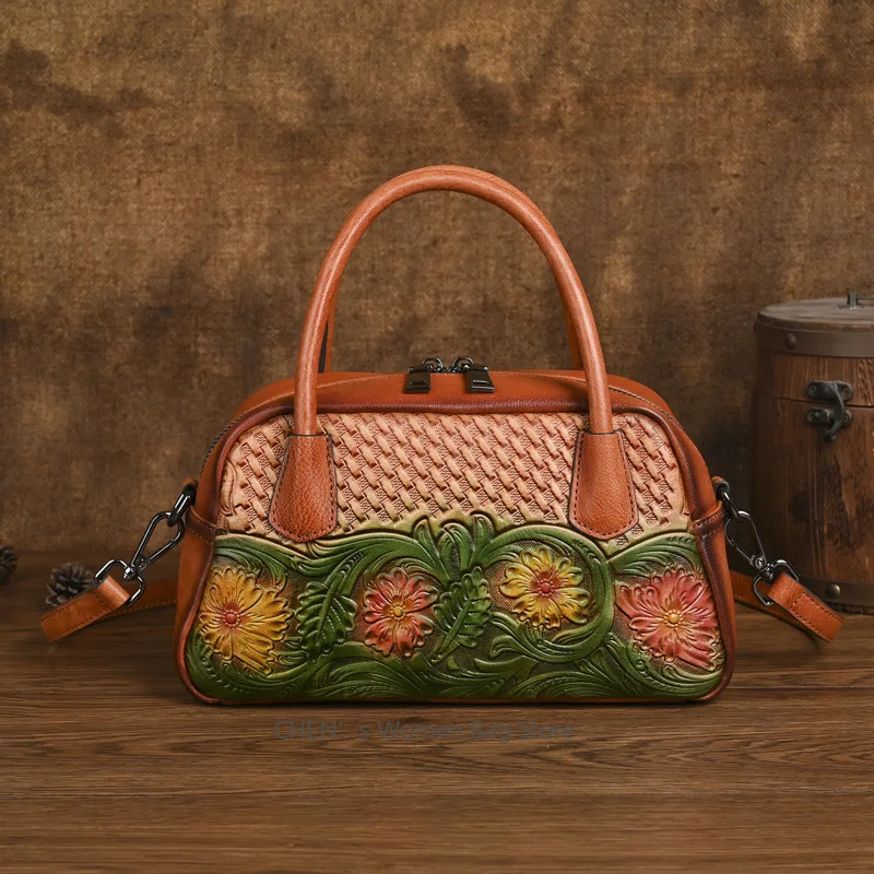 

2025 New Ethnic Style Genuine Leather Retro Handbag Handmade Leather Carving Women's Shoulder Crossbody Bags